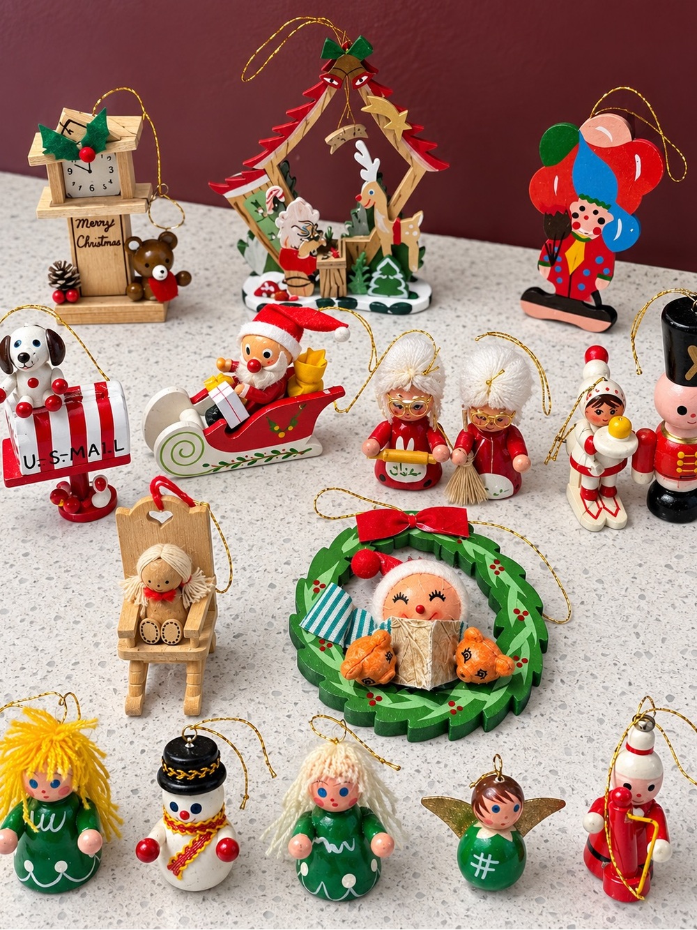 Vintage Wooden Figure Christmas Ornament Bundle - some missing pieces